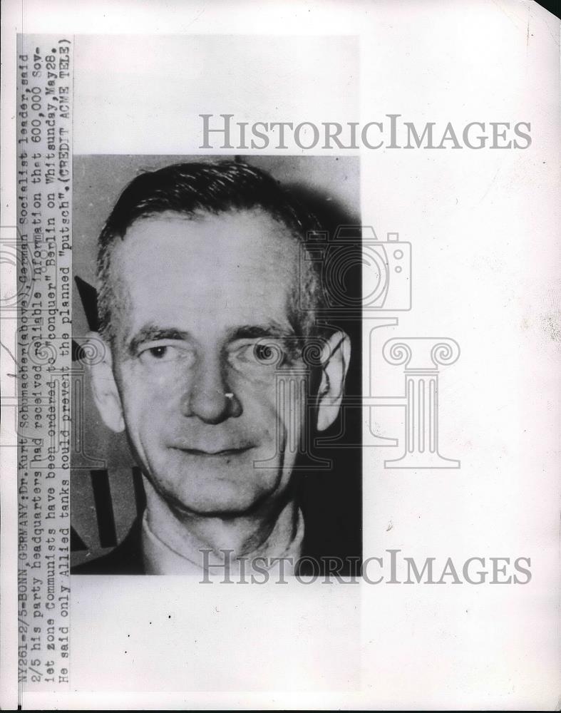 1950 Press Photo German Socialist Leader Dr. Kurt Schumacher  Closeup Portrait - Historic Images