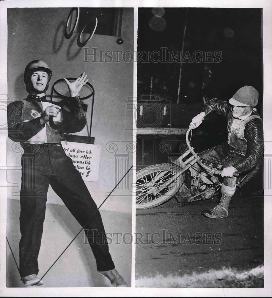 1953 Press Photo Gieran Norlon, motorcyle racer & stunt rider - Historic Images