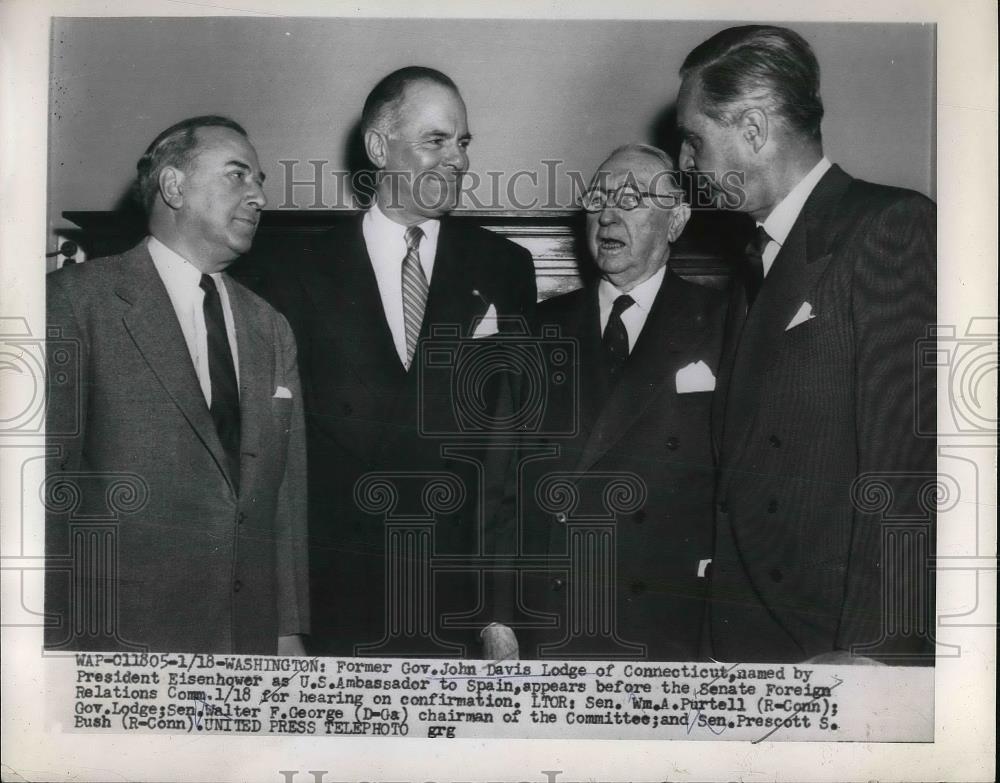 1955 Press Photo Ambassador John Davis Lodge, Sen Wm. A. Purtell in meeting - Historic Images