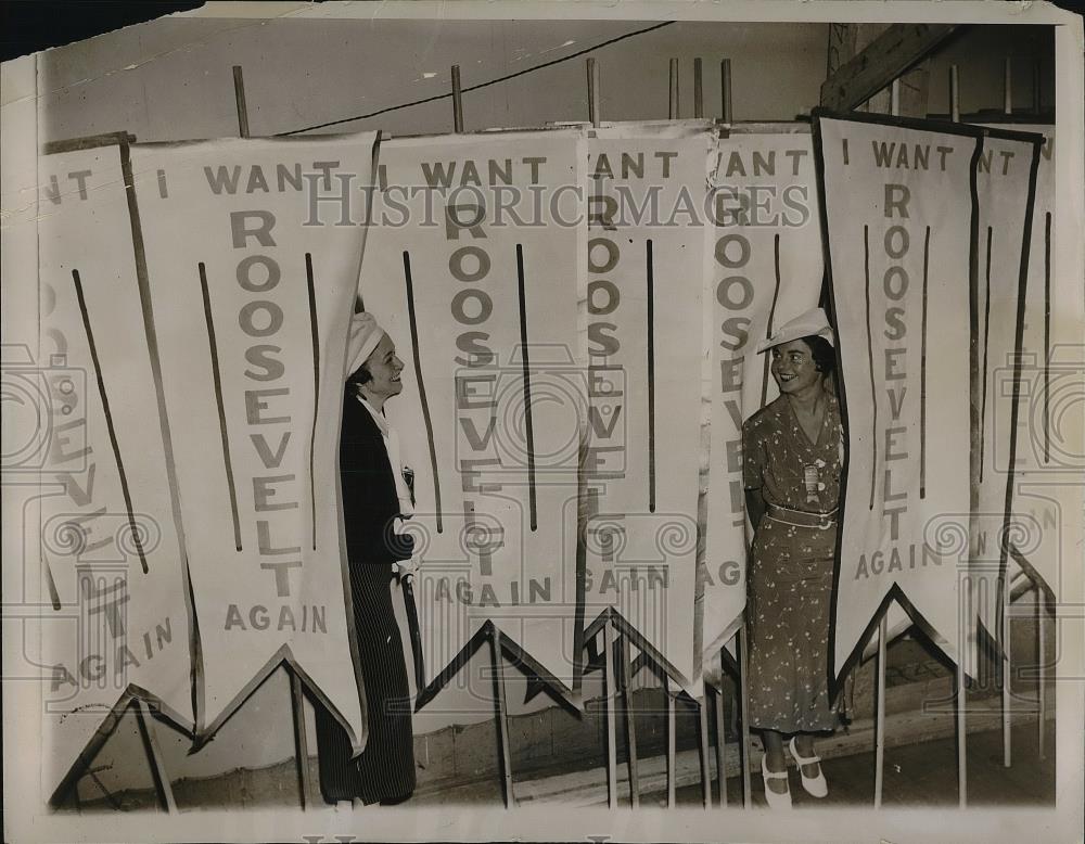 1936 Press Photo Elizabeth Hanger, Louise Graves Decorate Conv. Hall For DNC - Historic Images