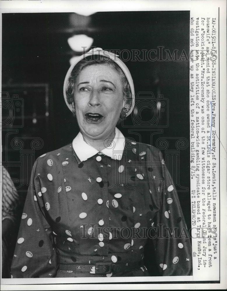 1958 Press Photo Mrs.Fanny Zorensky, witness in Nations Gambling Syndicate. - Historic Images