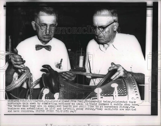 1955 Press Photo 84 Year Old Twins Louis & Otto Paul at Harness & Saddle Shop - Historic Images