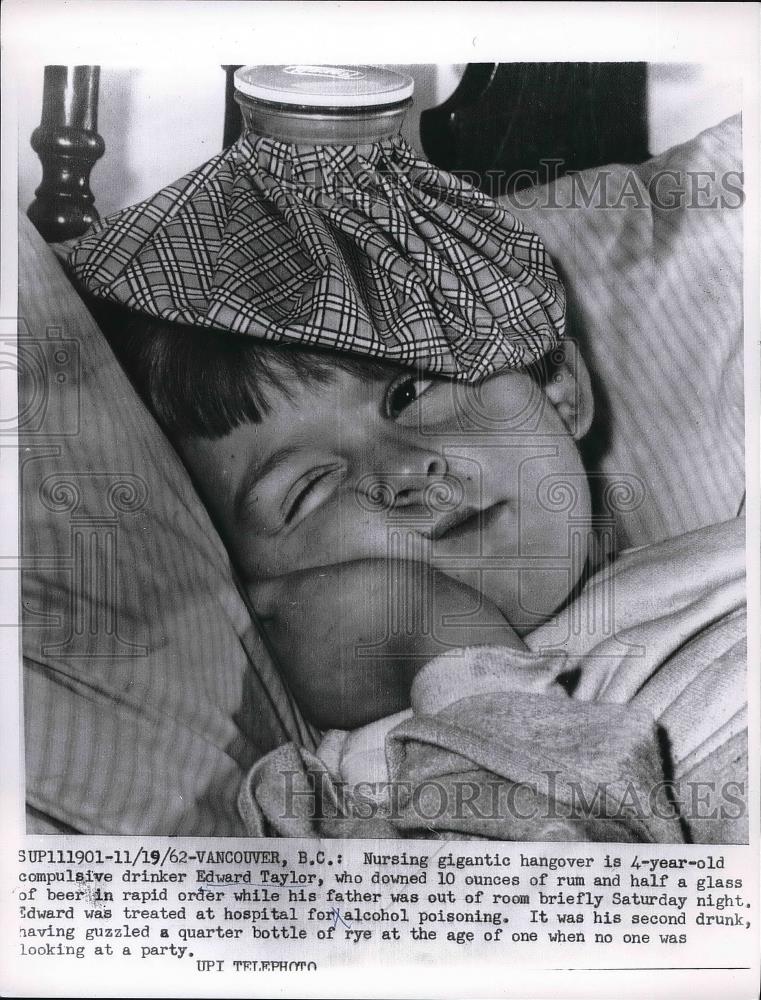 1962 Press Photo Compulsive Drinker Edward Taylor, 4, downed 10 ounces of rum - Historic Images