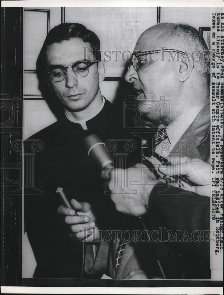 1960 Press Photo Father Felt interviewed by press as he turns himself in - Historic Images