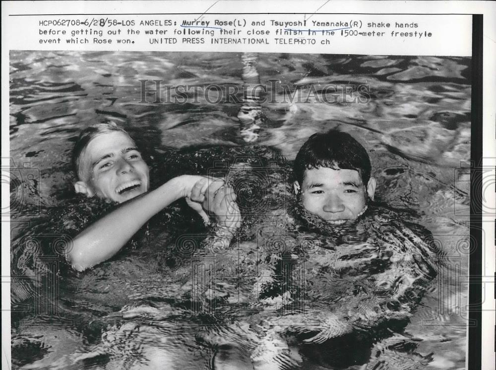 1958 Press Photo Murray Rose, Tsuyoshi Yamanaka After 1500 Meter Competition - Historic Images