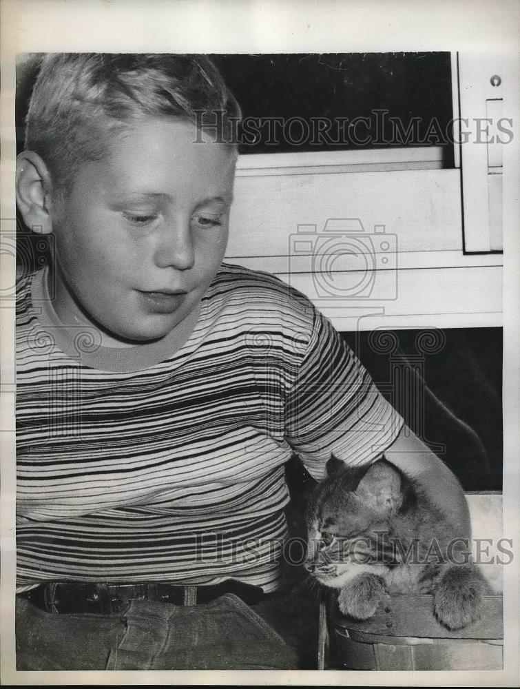 1957 Press Photo David Priest, Jr., with an 8-week-old Bobcat - Historic Images