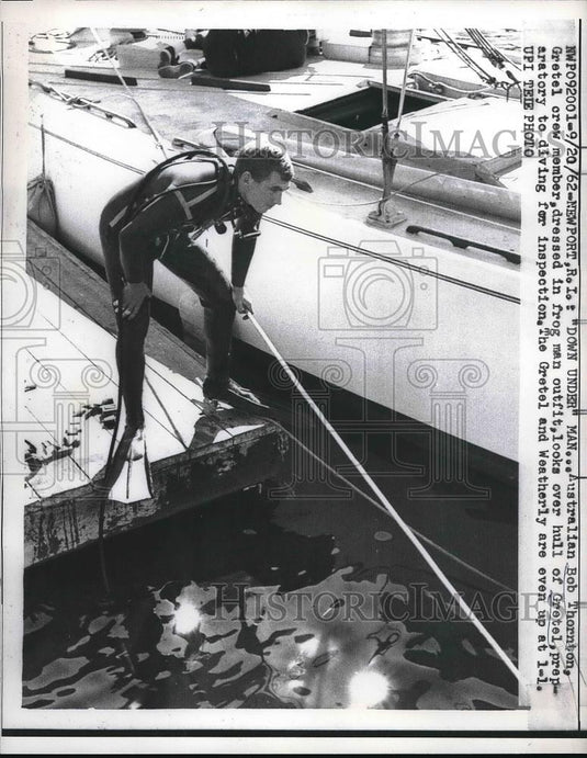 1962 Press Photo Bob Thornton, Yacht, Gretel, Yacht Race, Newport Rhode Island - Historic Images