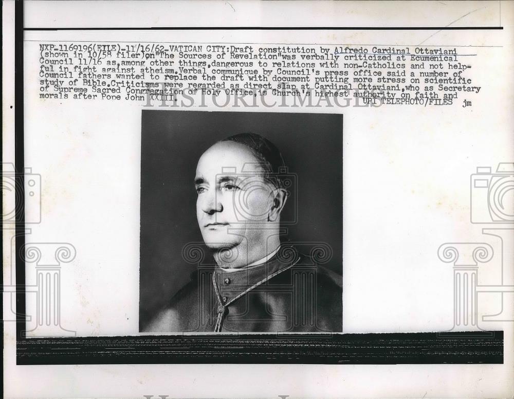 1962 Press Photo Draft Constitution By Alfredo Cardinal Ottaviani Criticized - Historic Images
