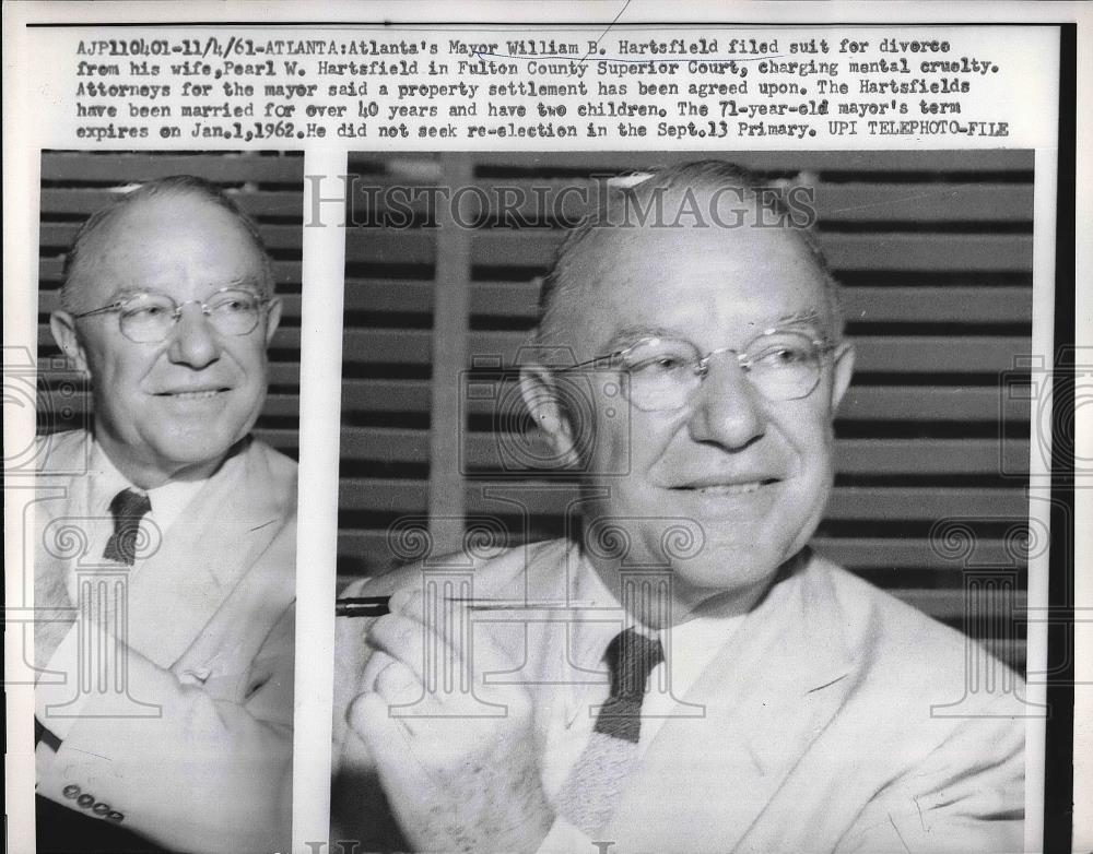 1961 Press Photo Atlanta Mayor Bill Hartsfield Files For Divorce From Wife Pearl - Historic Images