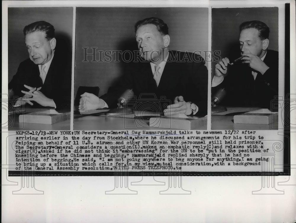 1955 Press Photo U.N. Secretary General Dag Hammarskjold Talks to Newsmen - Historic Images