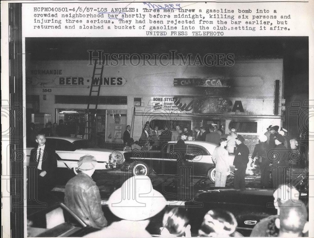 1957 Press Photo Gasoline Bomb Thrown Into Los Angeles Bar Club - nea99216 - Historic Images