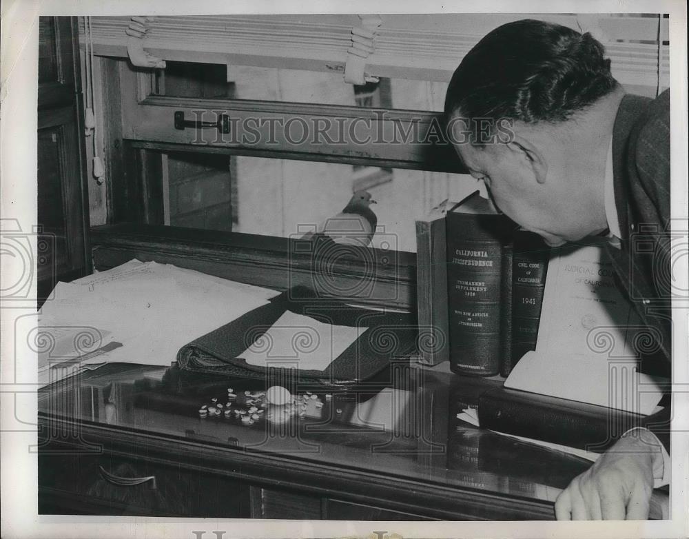 1949 Press Photo Blue Pigeon Dick Penland Judge Alfred J Fritz - neb13931 - Historic Images