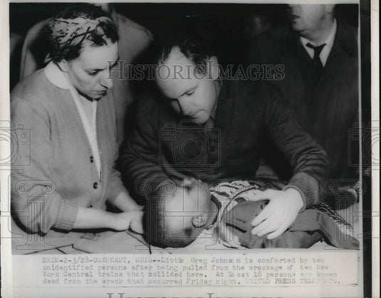 1953 Press Photo Greg Johnson was pulled from wreckage of N. Y. Central Trains - Historic Images