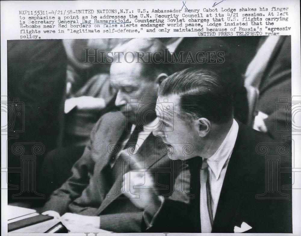 1958 Press Photo UN Ambassador Henry Cabot Lodge Gen .Dag Hammerskjold - Historic Images