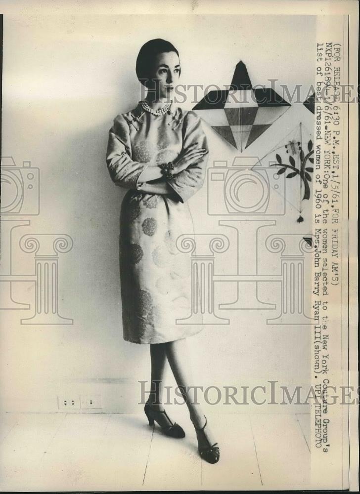 1961 Press Photo Mrs John Barry Ryan voted one of best dressed women of 1960 - Historic Images