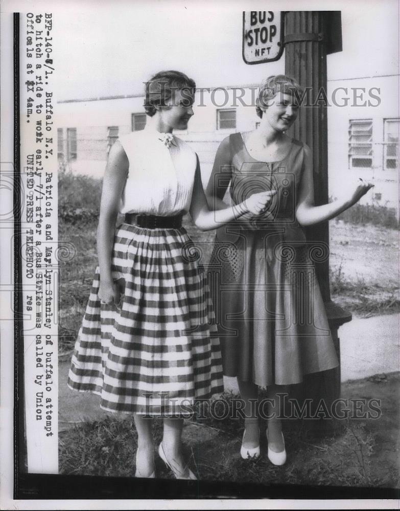 1955 Press Photo Patricia &amp; Marilyn Stanley hitch to work due to bus strike, NY - Historic Images