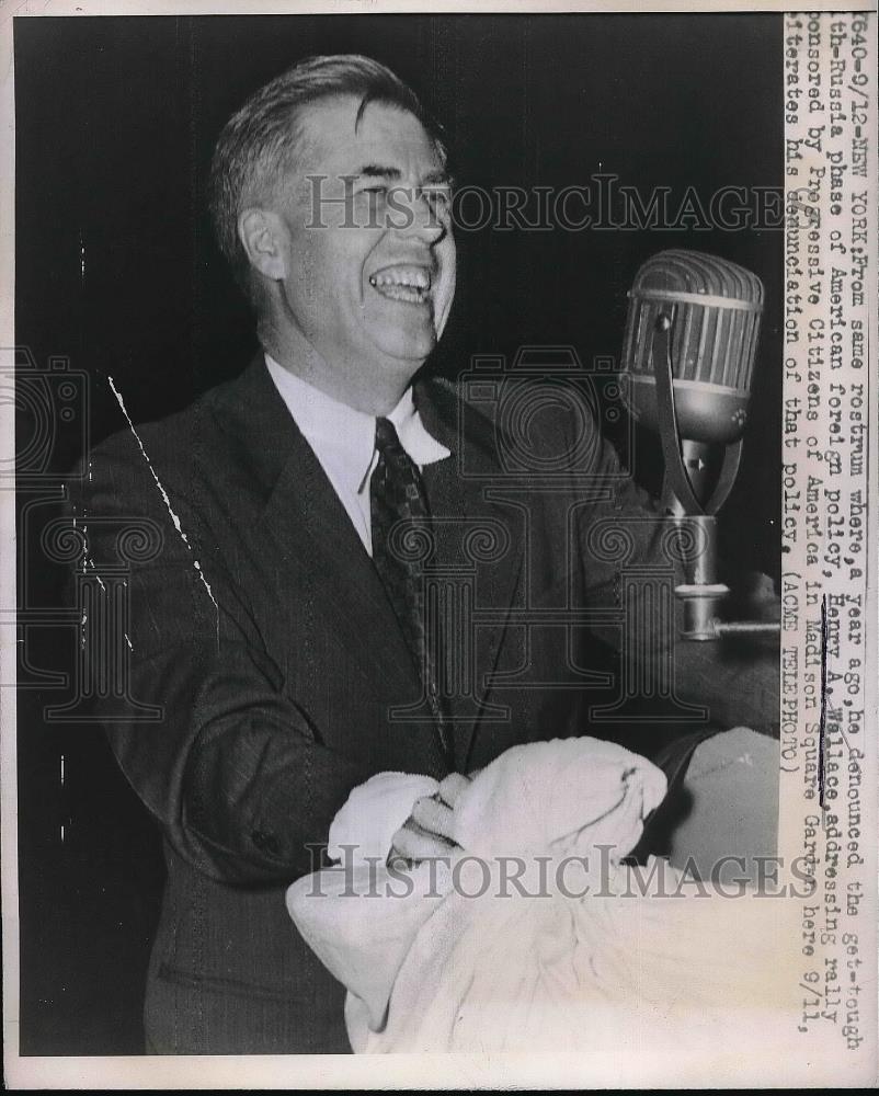 1947 Press Photo Vice President Henry Wallace Addresses Progressive Citizens NY - Historic Images