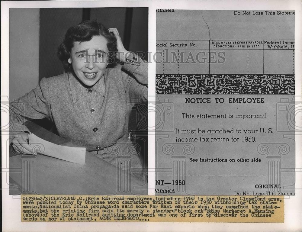 1951 Press Photo Margaret A. Manning of Erie Railroad, Chinese Words on Tax Form - Historic Images