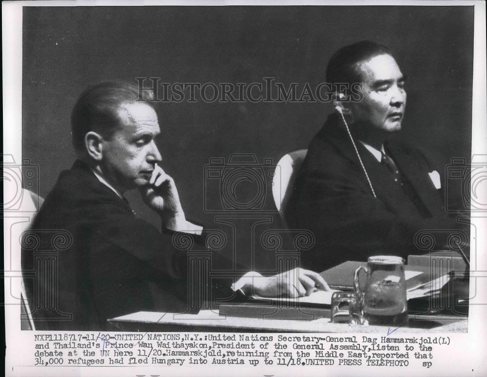 1956 Press Photo UN Sec. Gen. Dag Hammarskjold &amp; Prince Wan Waithayak - Historic Images