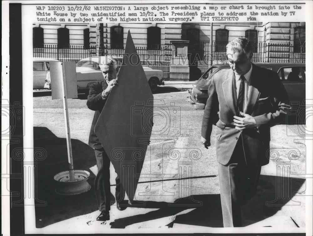 1962 Press Photo Men Carrying Map Into White House for Presidential Address - Historic Images