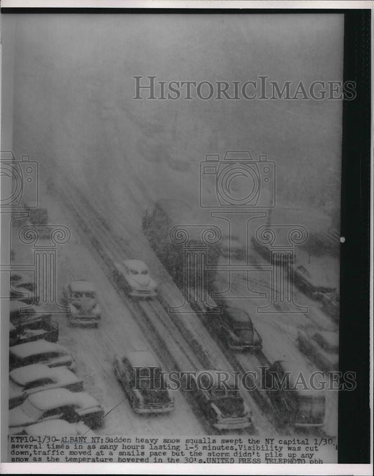 1954 Press Photo Aerial view of the heavy downfall of snow in Albany, NY - Historic Images