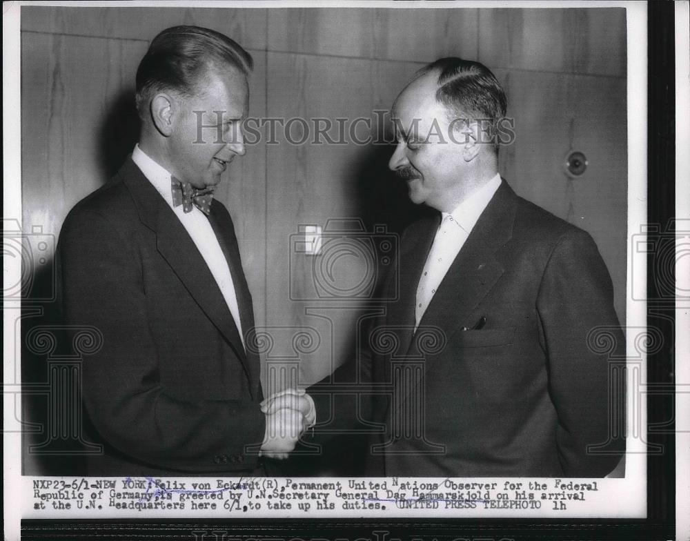 1955 Press Photo UN Sec. Gen. Dag Hammarskjold &amp; Felix Von Eckardt of Germany - Historic Images