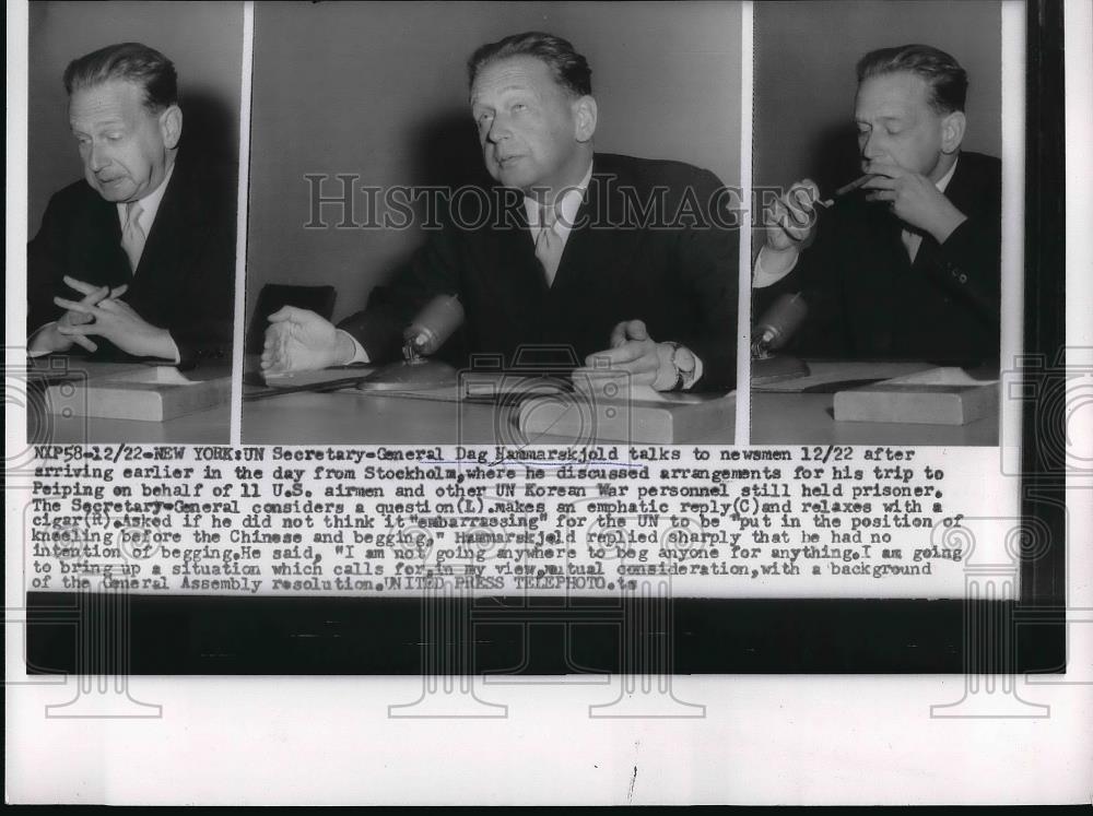 1955 Press Photo Secretary-General Dag Hammarskjold Talks to Newsmen - Historic Images