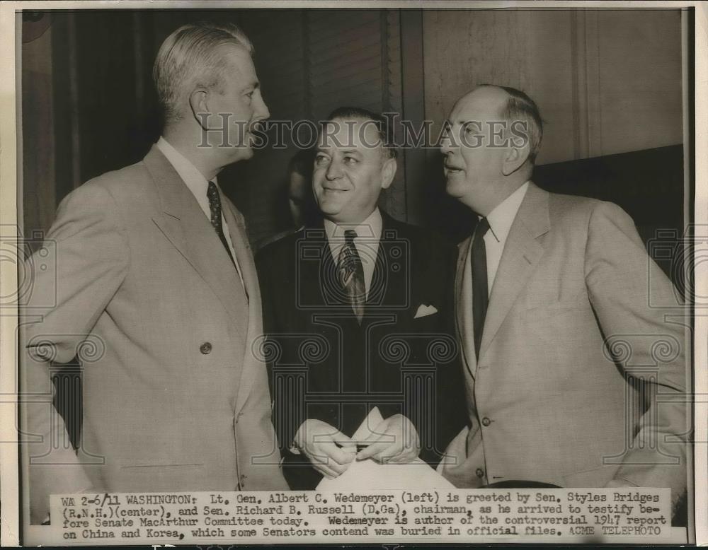 1951 Press Photo Lt. Gen. Albert C. Wedemeyer, Sen, Styles Bridges, Sen. Russell - Historic Images