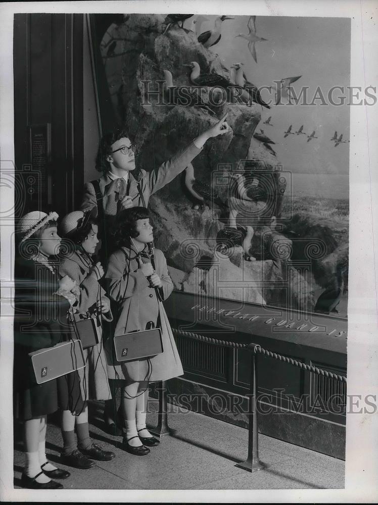 1954 Press Photo Teacher Flaine Lynch Pointing At American Museum - Historic Images