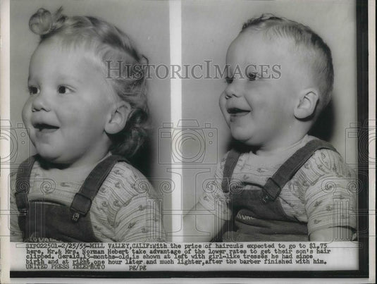 1955 Press Photo Mill Valley, Calif. Gerald Herbert age 1 gets first haircut - Historic Images