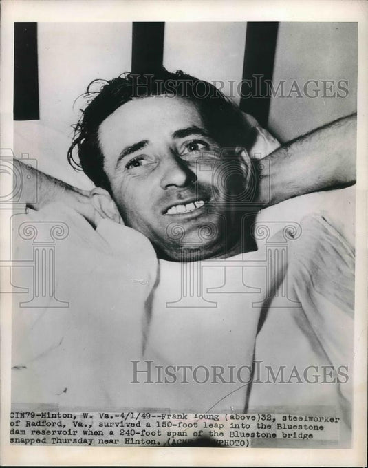 1949 Press Photo Frank Young surviving a 150ft fall after the Bluestone bridge - Historic Images