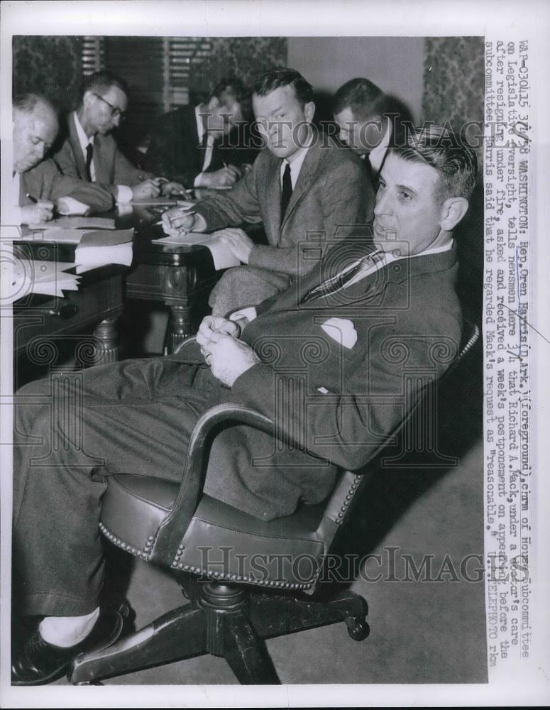 1958 Press Photo Rep. Oren Harris, Chairman of House Subcommittee - Historic Images