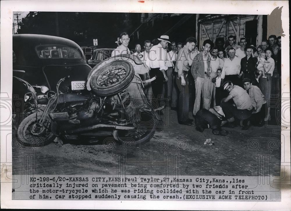 1950 Press Photo Paul Taylor, Motor Trycicle Collides With Auto, Kansas City - Historic Images