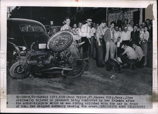 1950 Press Photo Paul Taylor, Motor Trycicle Collides With Auto, Kansas City - Historic Images
