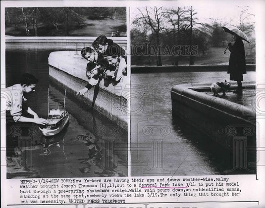1953 Press Photo Joseph Thumman with Model Boat, Lady in Rain, Central Park NY - Historic Images