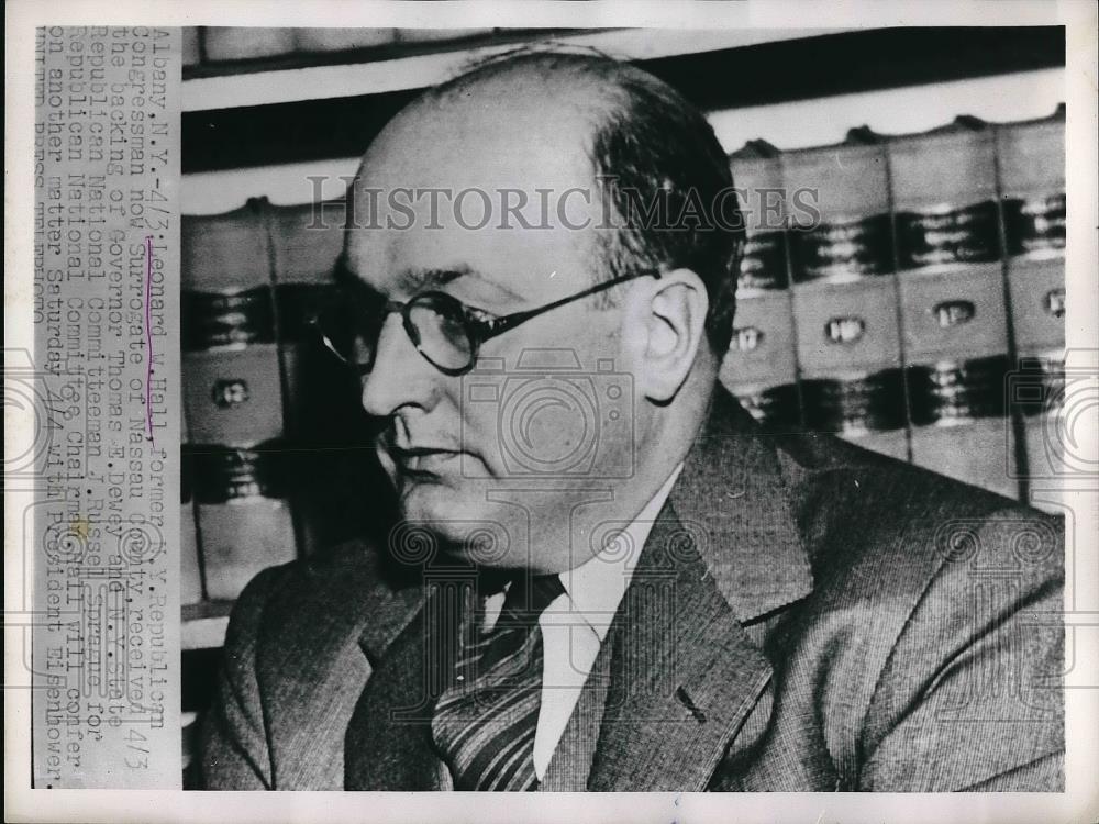 1953 Press Photo Leonard W. Hall, Former New York Rep. Congressman - Historic Images