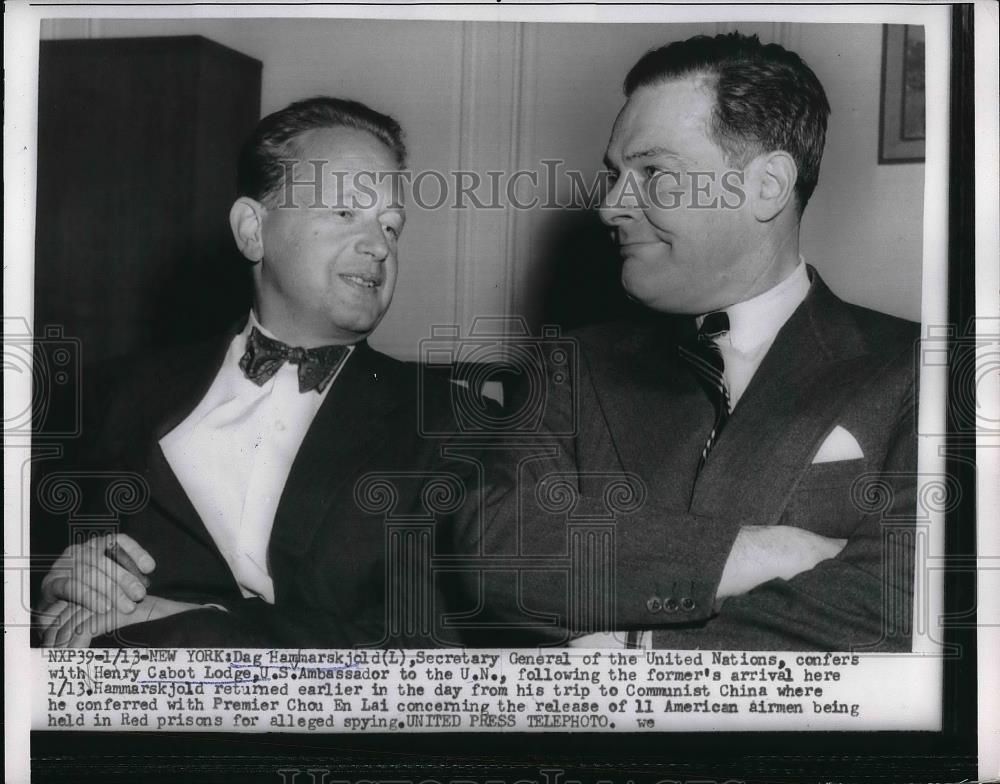 1955 Press Photo Sec. Gen. of U.N. Dag Hammarskjold, Premier Chou En Lai - Historic Images