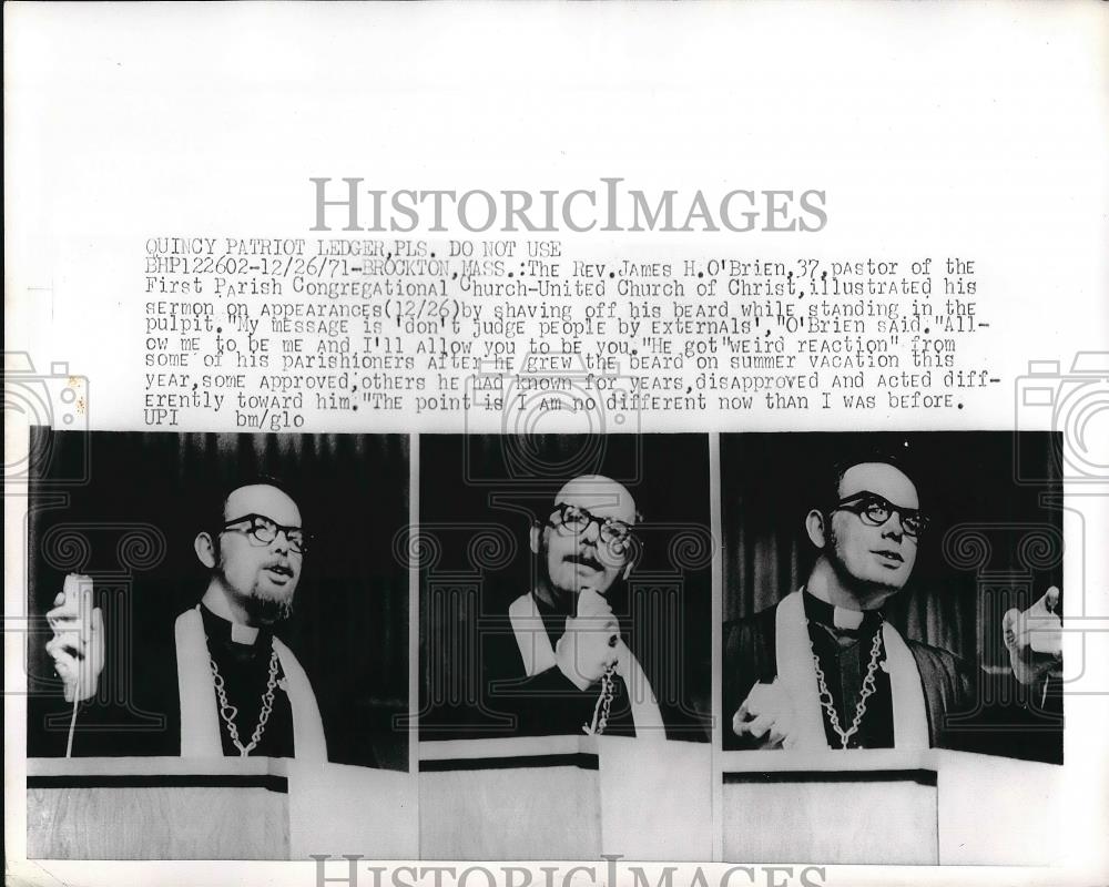 1971 Press Photo Rev. James O'Brien Shaves Off Beard To Make Point to Flock - Historic Images