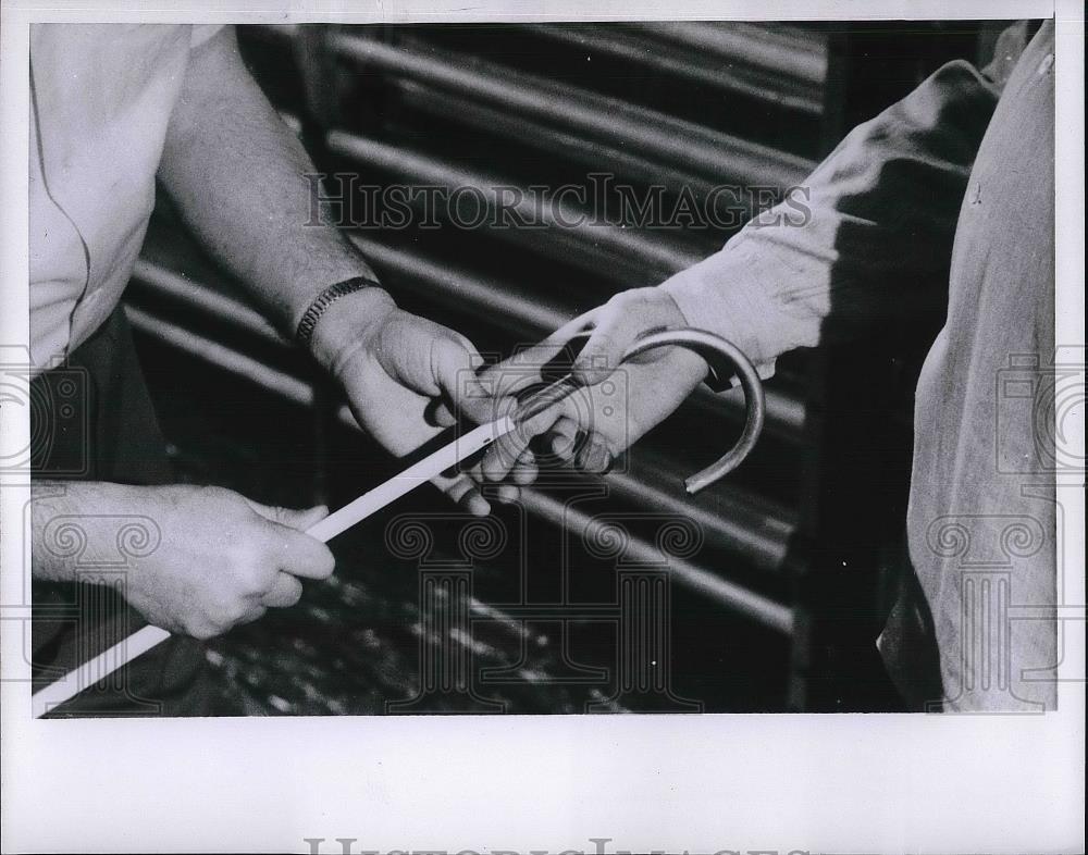 1954 Press Photo Instructor showing blind man how to use cane - nea80233 - Historic Images