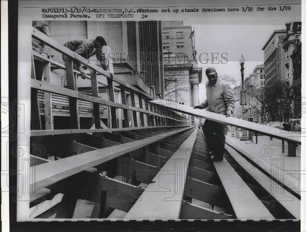 1961 Press Photo Workers get together grandstands for the inagural parade - Historic Images