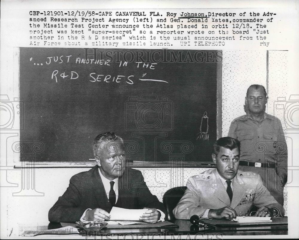 1958 Press Photo Roy Johnson, Director Advanced Research Project Agency - Historic Images