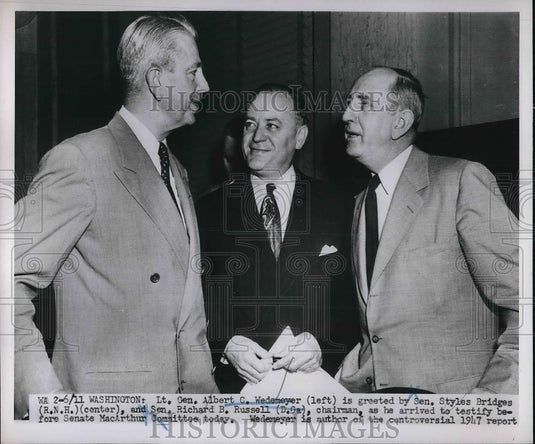 1951 Press Photo Lt General Albert C Wedemeyer & Senator Styles Bridges - Historic Images