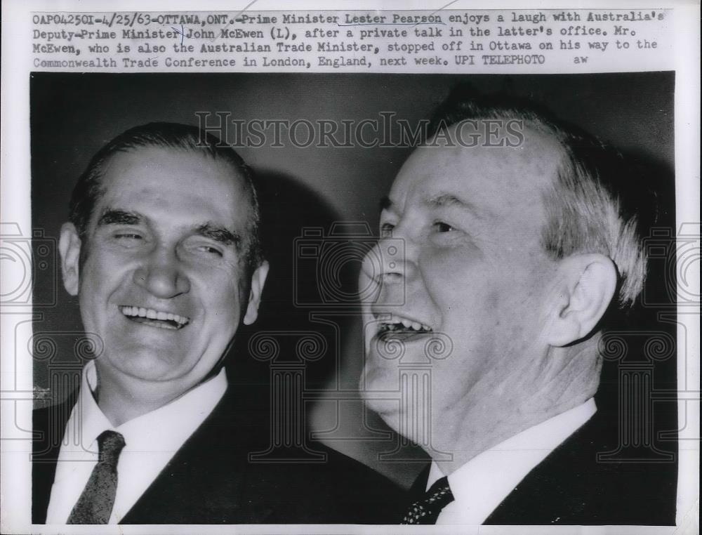 1963 Press Photo Prime Minister Lester Pearson, Australia&#39;s Deputy PM J. McEwen - Historic Images