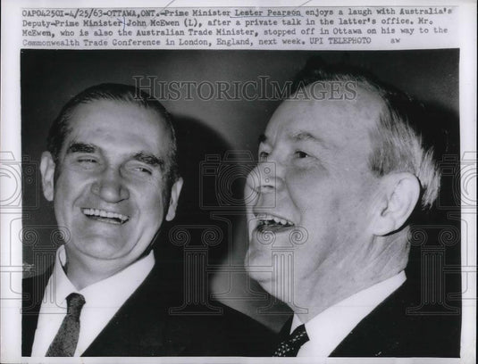 1963 Press Photo Prime Minister Lester Pearson, Australia's Deputy PM J. McEwen - Historic Images