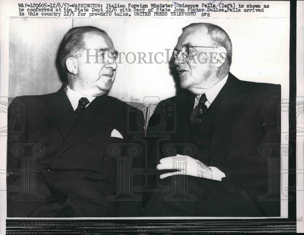 1957 Press Photo Italian Foreign Minister Guiseppe Pella Secy of State John - Historic Images