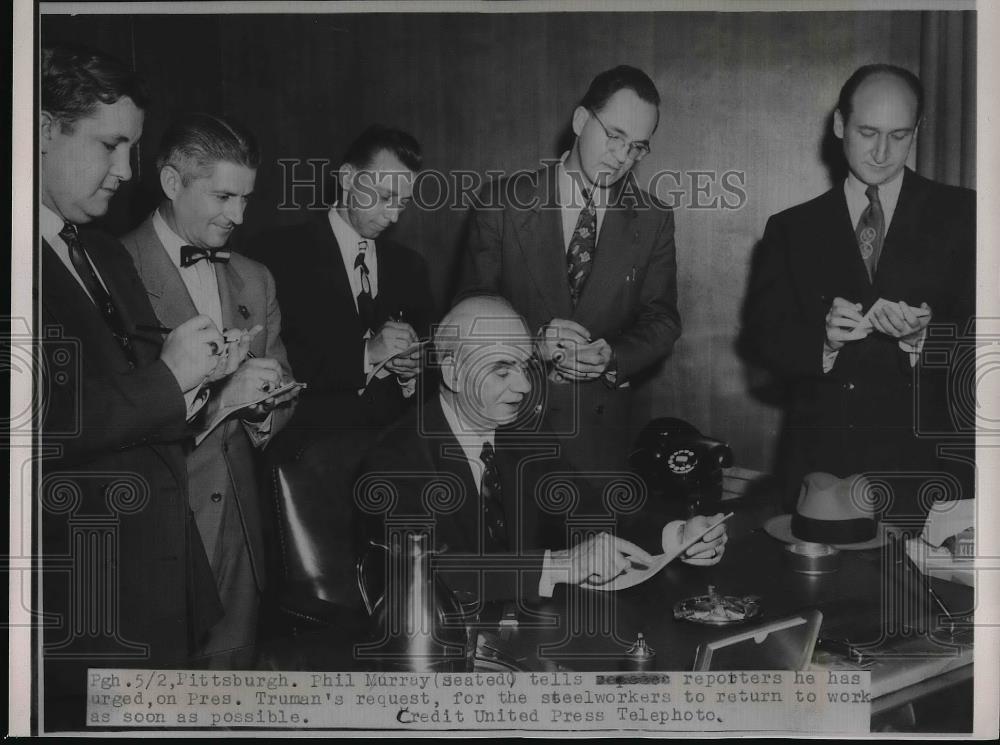 1952 Press Photo Phil Murray urges steelworkers to return to work - Historic Images