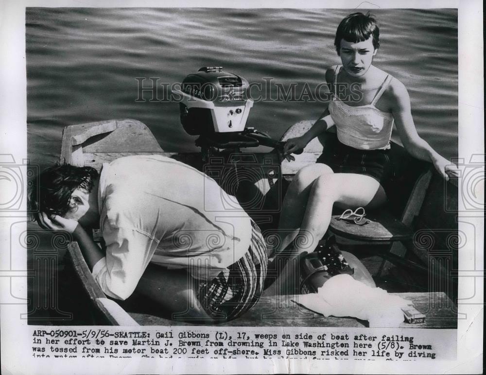 1956 Press Photo Gail Gibbons Cries After Failing To Save Martin Brown - Historic Images