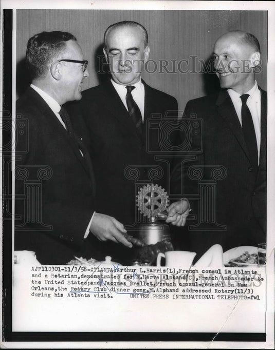 1958 Press Photo Arthur L. Harris, M. Herve Alphand, Jacques Grellet - Historic Images