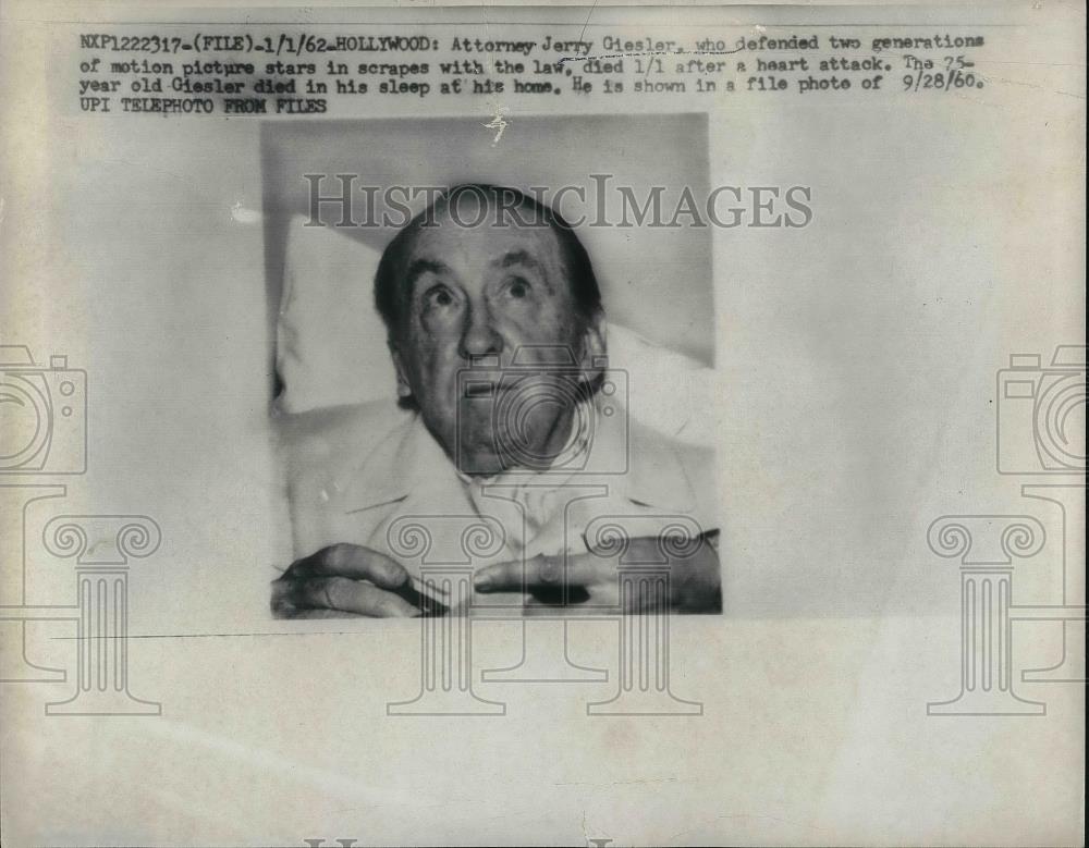 1962 Press Photo Attorney Jerry Giesler Defended Hollywood Stars Died Heart Atta - Historic Images