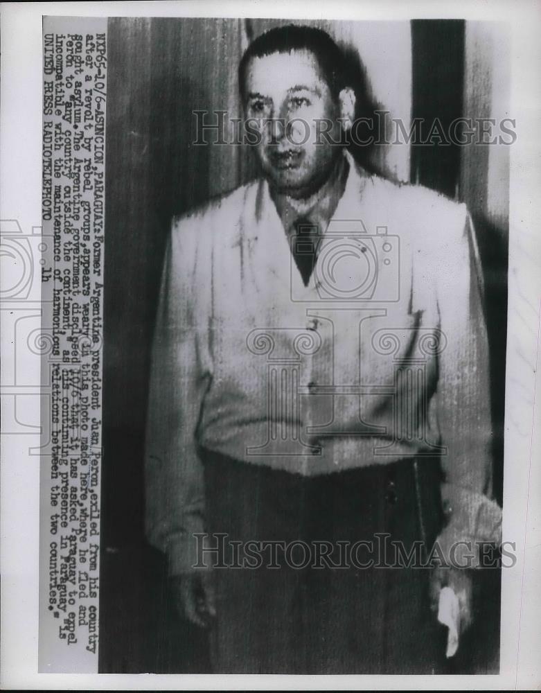 1955 Press Photo Former Argentine President Juan Person exiled - Historic Images